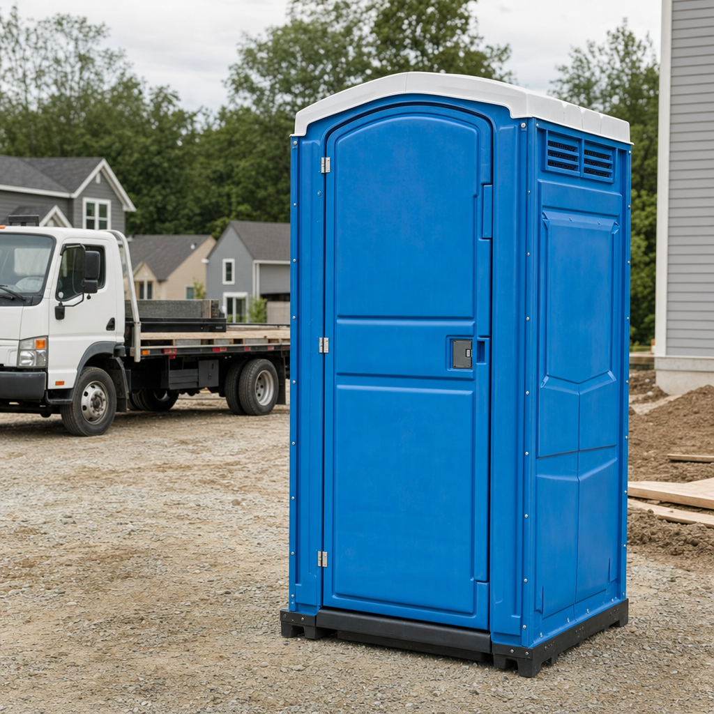 Delivery driver positioning a clean royal-blue portable toilet on level ground at a Long Beach worksite