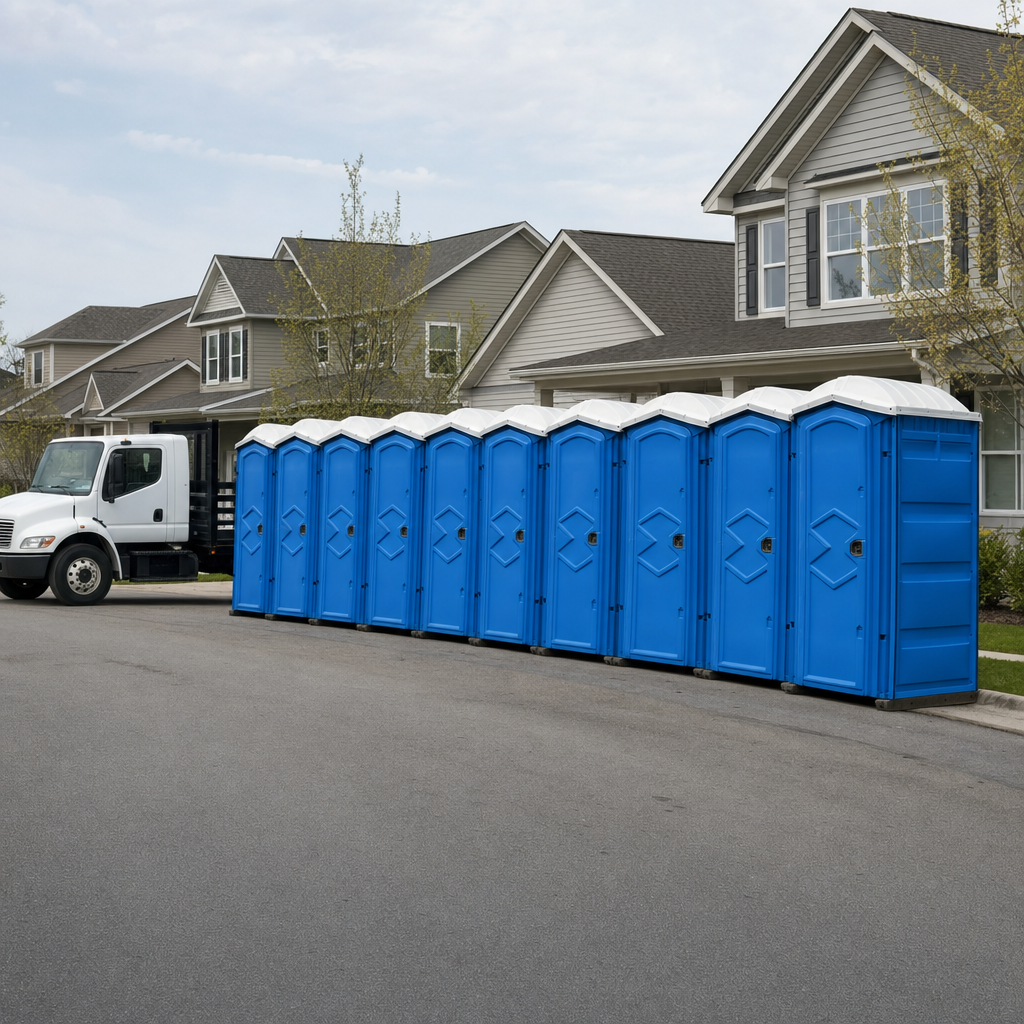 Royal blue portable toilets staged in a tidy row at a Long Beach jobsite, ready for delivery